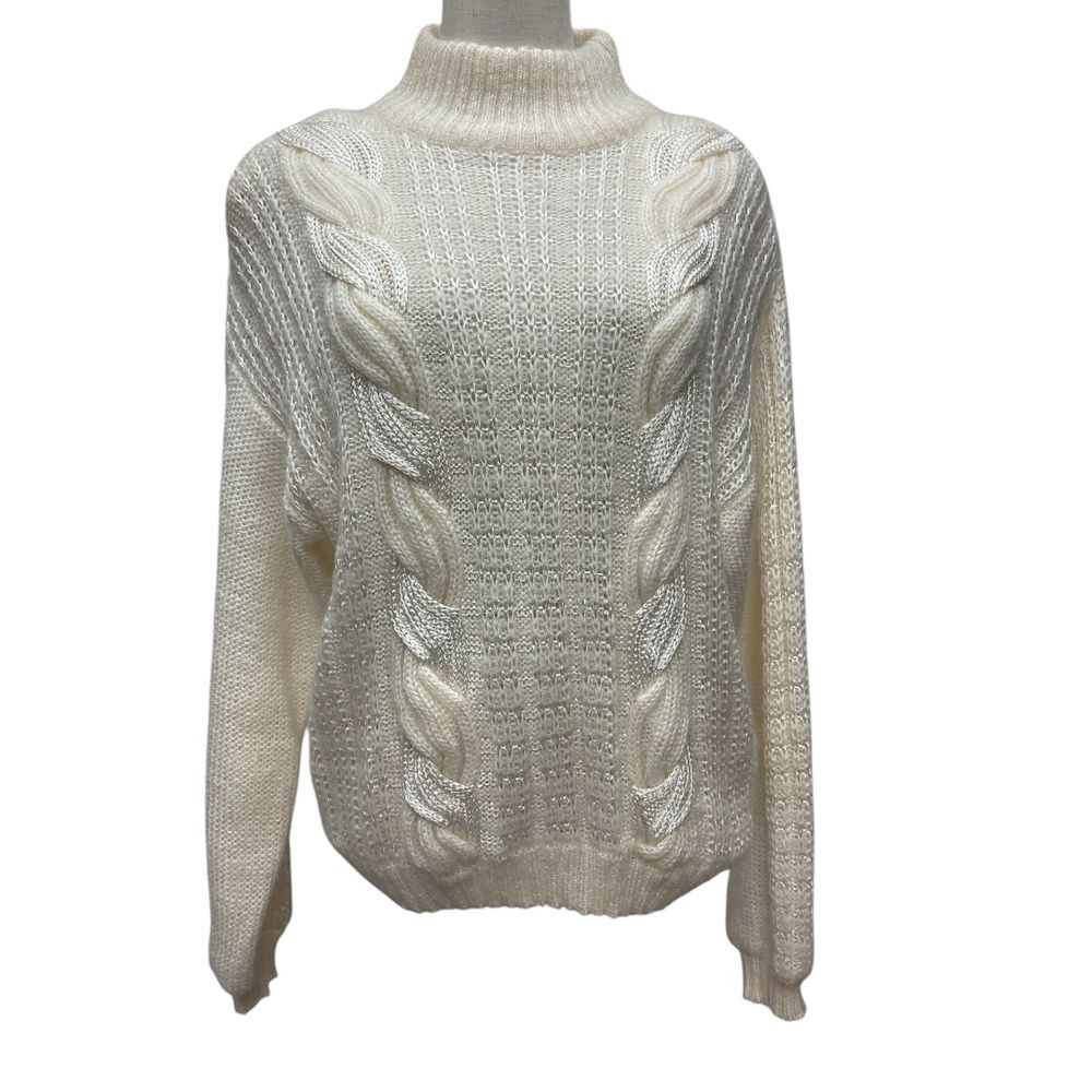 Vintage D.D Sloan Cream Sz L Women's Cable Knit Turtleneck Sweater Chunky Warm